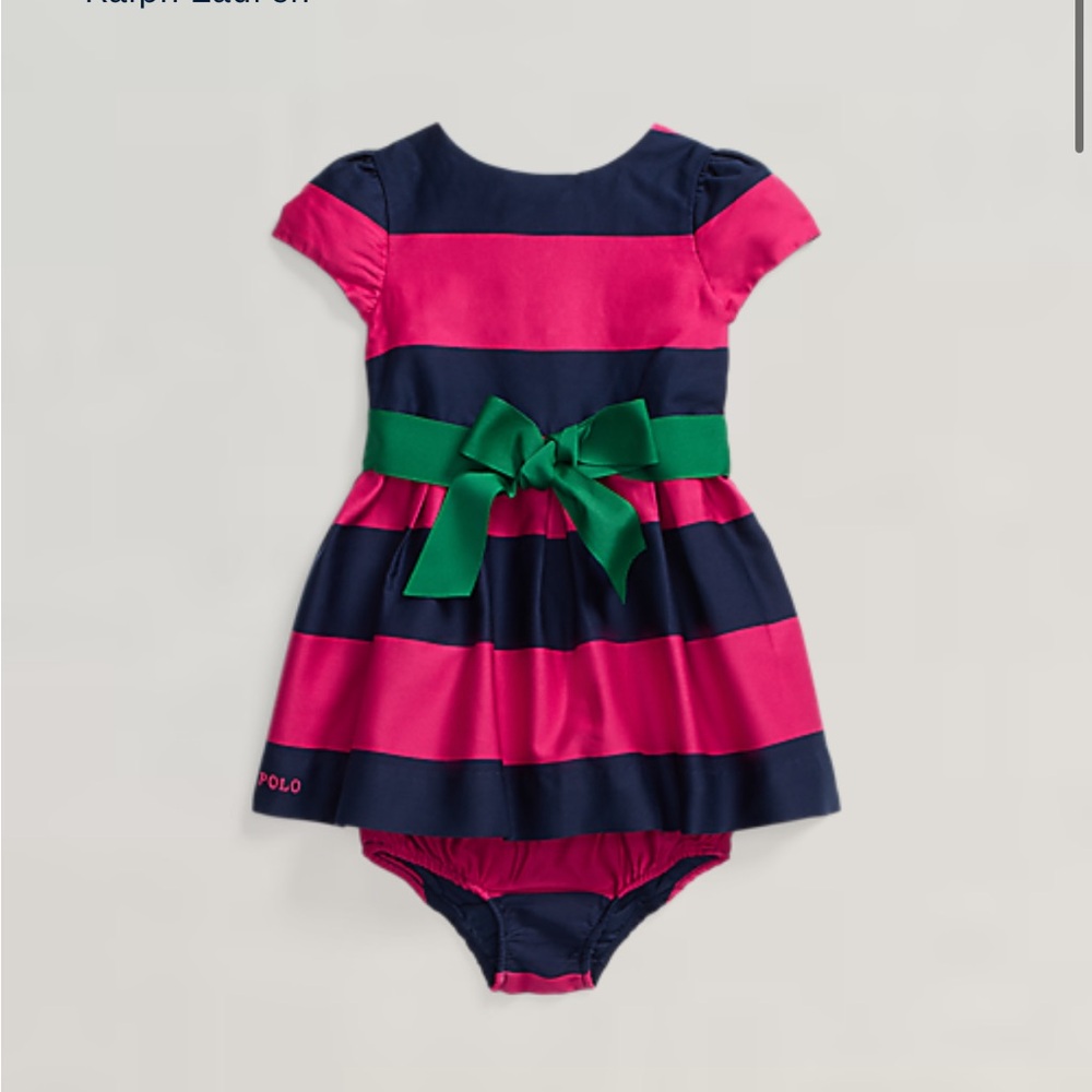 Ralph Lauren Pink and Navy Striped Dress with Green Bow